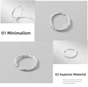 Detailed view of S925 sterling silver ring with unique crinkled foil texture and open band