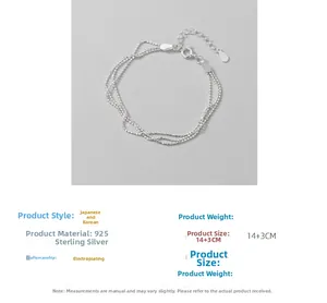 Detailed view of triple-layered 925 sterling silver beaded bracelet with 14+3cm length