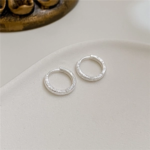 Sparkling sand texture S925 sterling silver hoop earrings in minimalist round style