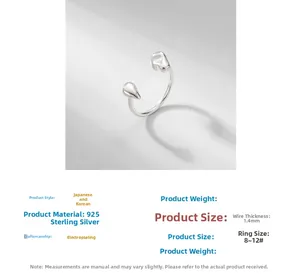 Detail showing 925 sterling silver ring dimensions and adjustable open design features