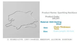 Macro view of S925 sterling silver shimmering chain showing 1mm thickness and 40+5cm length