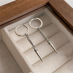 Punk S925 sterling silver hoop earrings with chain and triangle spike cone charms