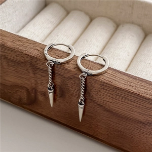 Retro S925 sterling silver hoop earrings with long chain and spike cone pendant