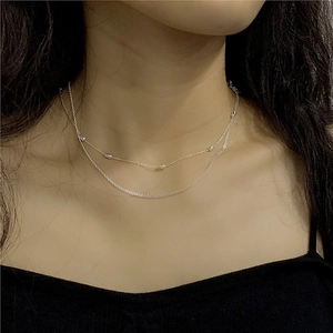 Double layered S925 sterling silver beaded snake chain necklace for women