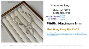 Detailed close-up of S925 sterling silver streamline ring and polished texture on a tray