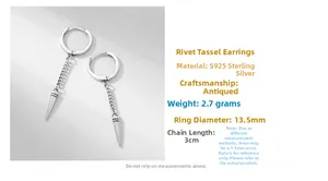 Detailed view of S925 sterling silver hoop earrings with chain and rivet cone pendant