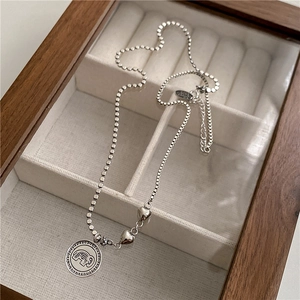 Vintage 925 Sterling Silver Elephant Relief Coin Heart Pendant Necklace For Women Retro Mixed Chain Jewelry Gift