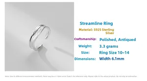Détail de la bague profilée en argent sterling S925 avec texture polie et spécifications