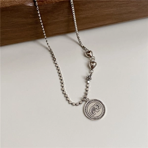 S925 sterling silver elephant coin necklace featuring heart charms and vintage chain