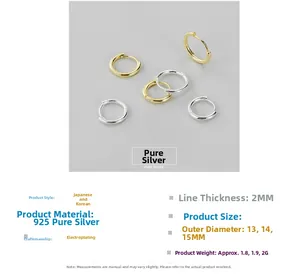 Detailed size specifications for minimalist S925 sterling silver hoop earrings in 2mm width
