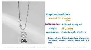 Detailed specs of S925 silver elephant pendant necklace with heart charms and size labels