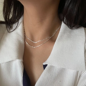 Minimalist S925 sterling silver layered necklace set with Figaro and bead chain design