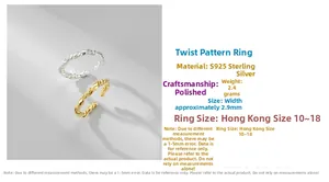 Detail of twisted S925 sterling silver rings in gold and silver finish with dimensions