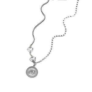 Vintage S925 sterling silver necklace with elephant relief and heart charms on dual-chain