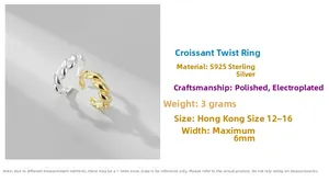 Detailed specs of S925 sterling silver croissant ring in gold and silver finishes