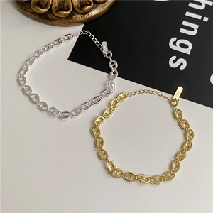 Elegant S925 sterling silver pig nose chain bracelets in gold and silver finishes