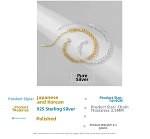 Polished S925 sterling silver woven chain bracelet with 3.5mm thickness and 14+4cm length