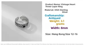 Detail view of 925 silver oxidized triple layer heart ring with size and weight specs