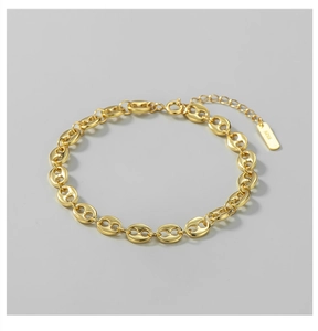 Macro detail of gold-plated S925 sterling silver chain with pig nose links and S925 tag