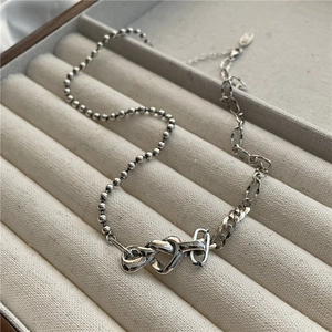 Collier Nœud de Cœur en Argent Sterling 925 pour Femmes Ras du Cou à Chaîne Asymétrique Vintage Bijoux Tendance