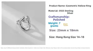 Detailed macro view of S925 sterling silver hollow ring with geometry and size specs