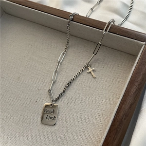 Retro S925 sterling silver Luck square tag necklace with cross pendant on mixed chain