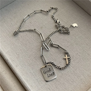 S925 Sterling Silver Luck square pendant necklace with cross and cuban link chain