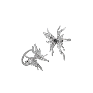 Liquid metal butterfly ring in S925 sterling silver with a black gemstone centerpiece