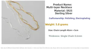 Detail view of S925 sterling silver layered necklace with polished finish and dimensions