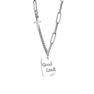 S925 Sterling silver asymmetric necklace with cross and Good Luck square pendant