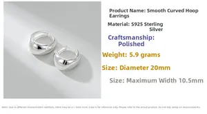 Detailed specs of S925 sterling silver hoop earrings with 20mm diameter and polished finish