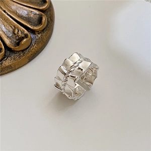 Minimalist S925 sterling silver pleated ring with braided twist and adjustable open band