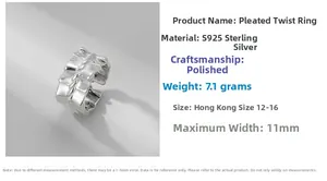 Detail of S925 sterling silver pleated twist ring with 11mm width and polished finish