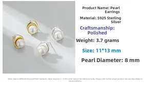 Detail view of S925 sterling silver pearl earrings with 8mm pearls and 11x13mm dimensions