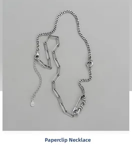 Detail of S925 sterling silver paperclip and cuban link splicing necklace with lobster clasp