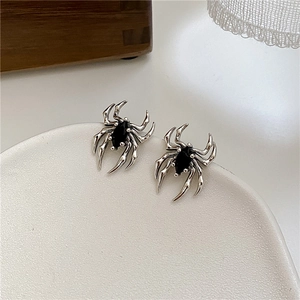 Macro shot of S925 sterling silver spider earrings with black zircon marquise stones