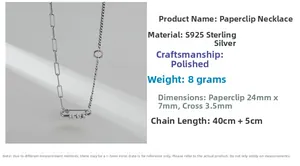 Close-up of S925 sterling silver paperclip necklace showing chain links and dimensions