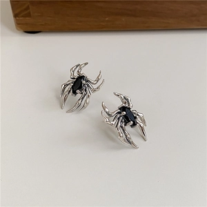 Gothic S925 sterling silver spider stud earrings with black marquise zircon inlays