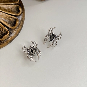 Detail shot of S925 sterling silver spider earrings with black zircon teardrop stone