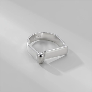 Minimalist 925 sterling silver open ring with geometric rectangle and polished bead design