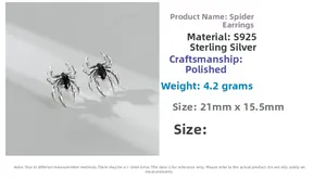 Detail view of S925 sterling silver spider earrings with black zircon and dimensions