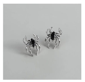 Detailed close-up of S925 sterling silver spider earrings with black zircon stones
