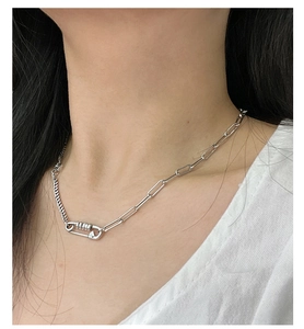 Detail of S925 sterling silver paperclip necklace with mixed chain link textures
