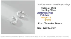 Detailed view of S925 sterling silver C-shaped earrings with size specs and polished finish
