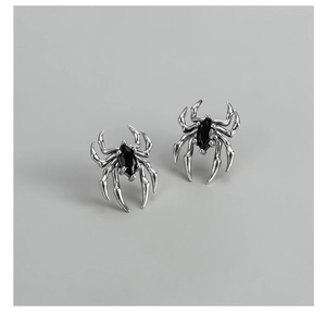 Detailed macro view of S925 sterling silver spider earring with black marquise zircon