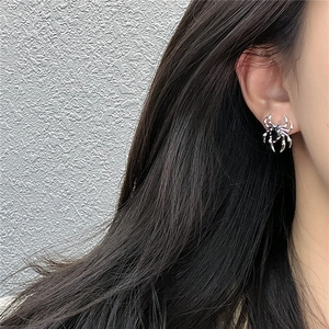 Retro S925 sterling silver spider stud earrings with black zircon on woman's ear