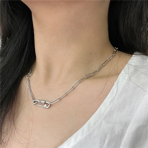 Minimalist S925 sterling silver asymmetrical paperclip and twisted chain necklace for women