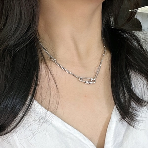 S925 silver paperclip necklace with asymmetric cuban link chain and safety pin pendant