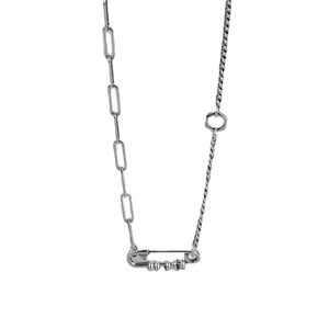 S925 Sterling Silver paperclip chain necklace with asymmetrical industrial pin pendant