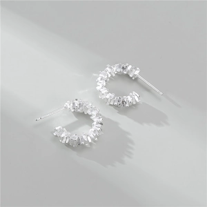 Polished S925 sterling silver C-shaped hoop earrings with geometric rectangular design